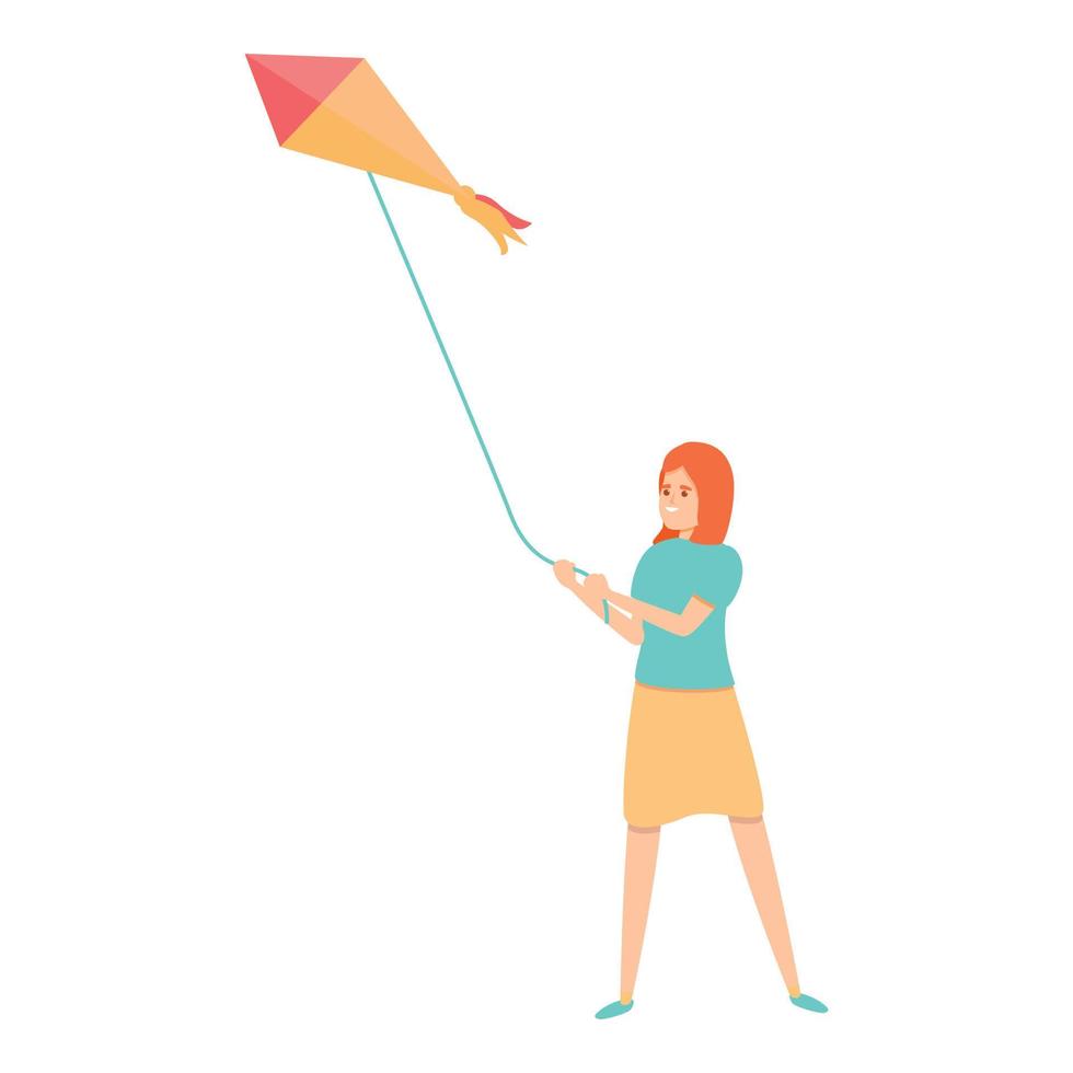 Girl playing kite icon, cartoon style vector