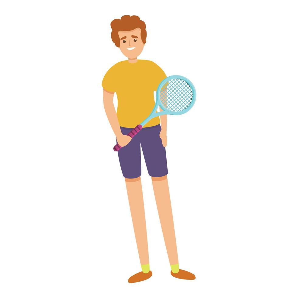 chico con un icono de raqueta de tenis, estilo de dibujos animados vector