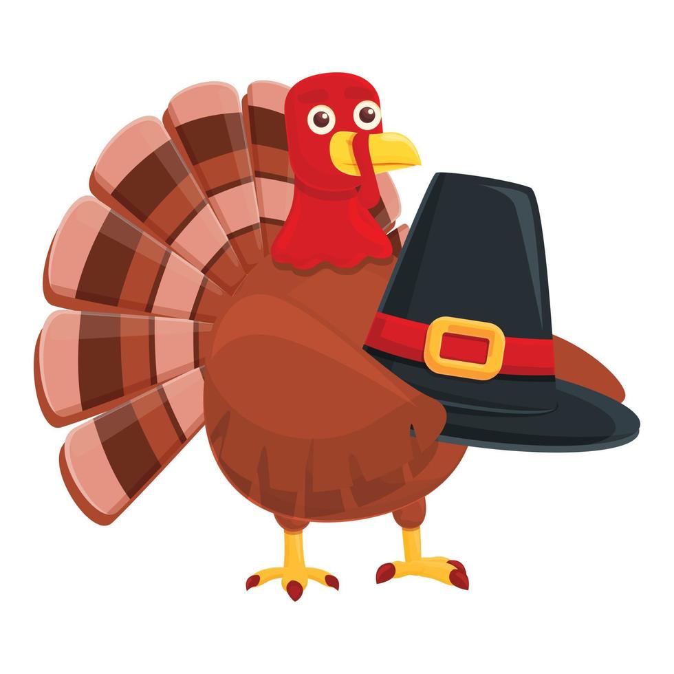 Thanksgiving turkey with hat icon, cartoon style vector