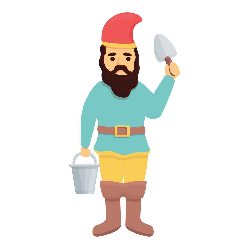 Garden gnome with farm tools icon, cartoon style vector