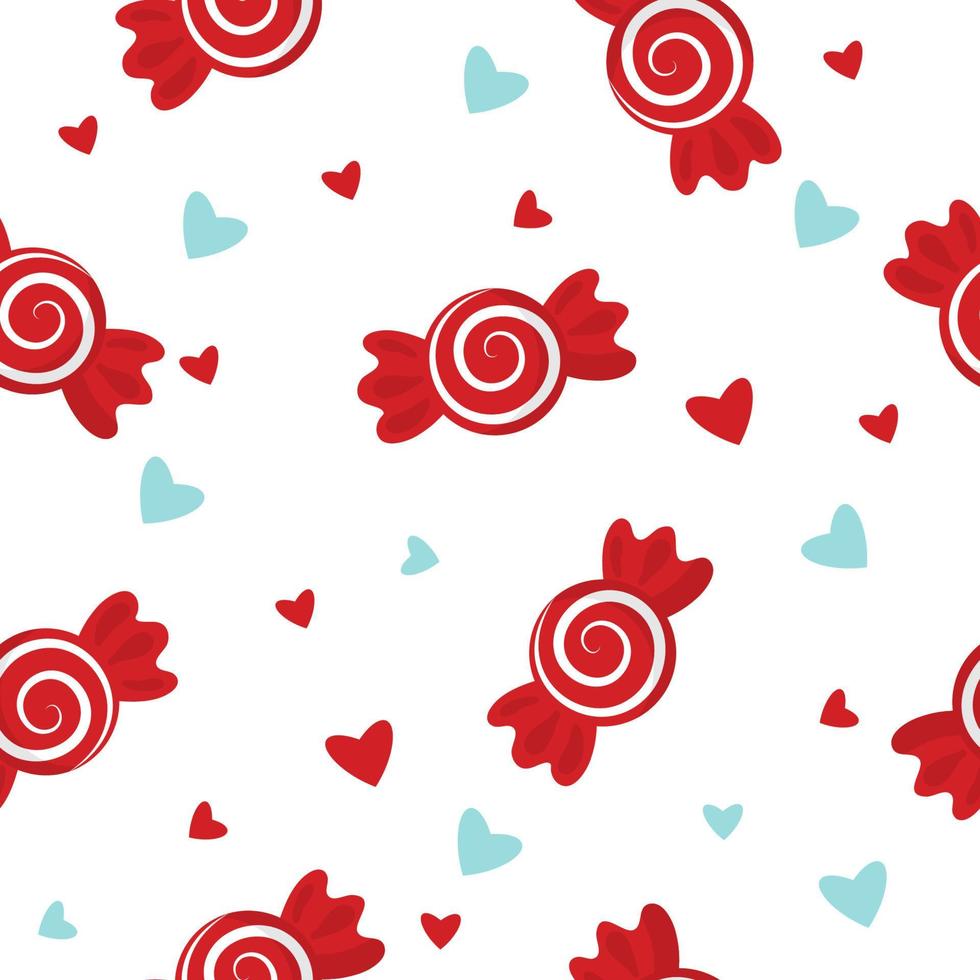 Seamless pattern with red candy lollipops and hearts on white background, vector pattern in flat cartoon style