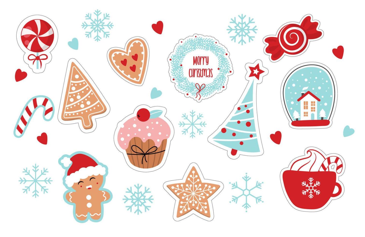 Collection of stickers with decorations, holiday gifts, gingerbread, cookies, candies, gingerbread man, lollipops, cup of hot chocolate or cocoa. Colorful vector illustration in flat cartoon style