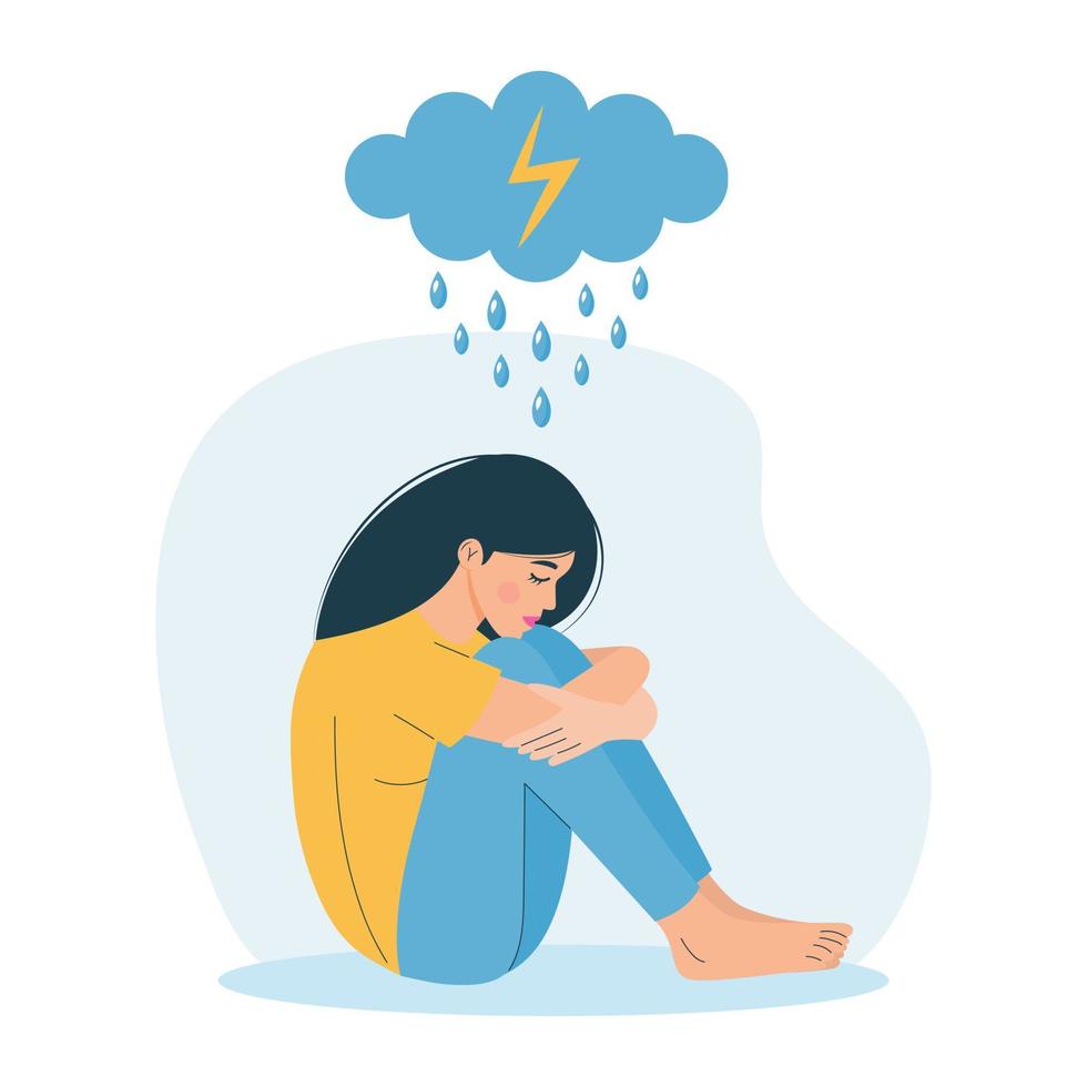 Woman in depression sitting and hugging her knees under rain cloud. Psychology, depression, bad mood, stress, mental health concept. vector