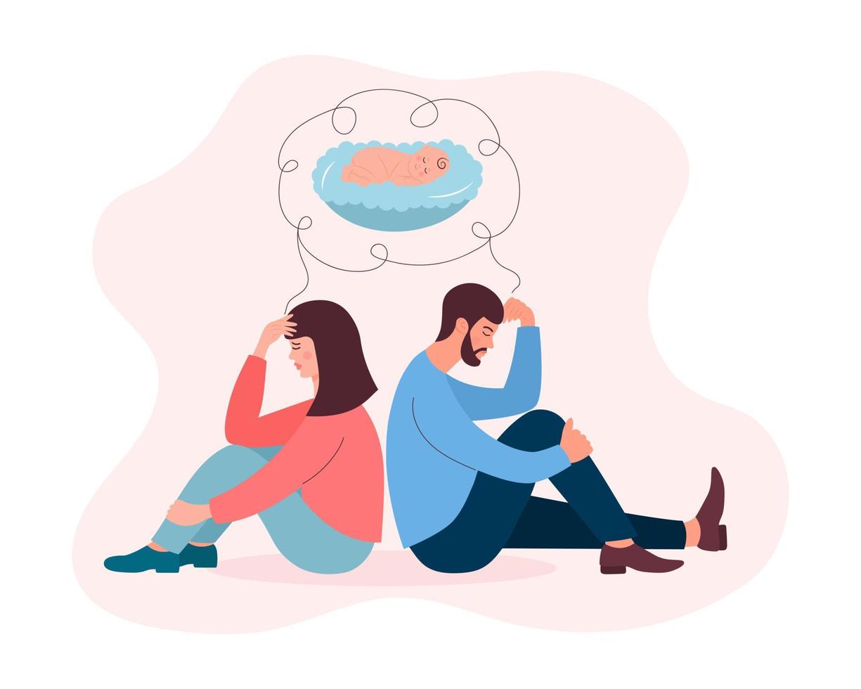 Infertile couple dreams about baby. Man and woman sitting back to back and suffer from reproductive problems. Fertility problem, pregnancy problems, IVF, infertility, gynecological disease, family vector