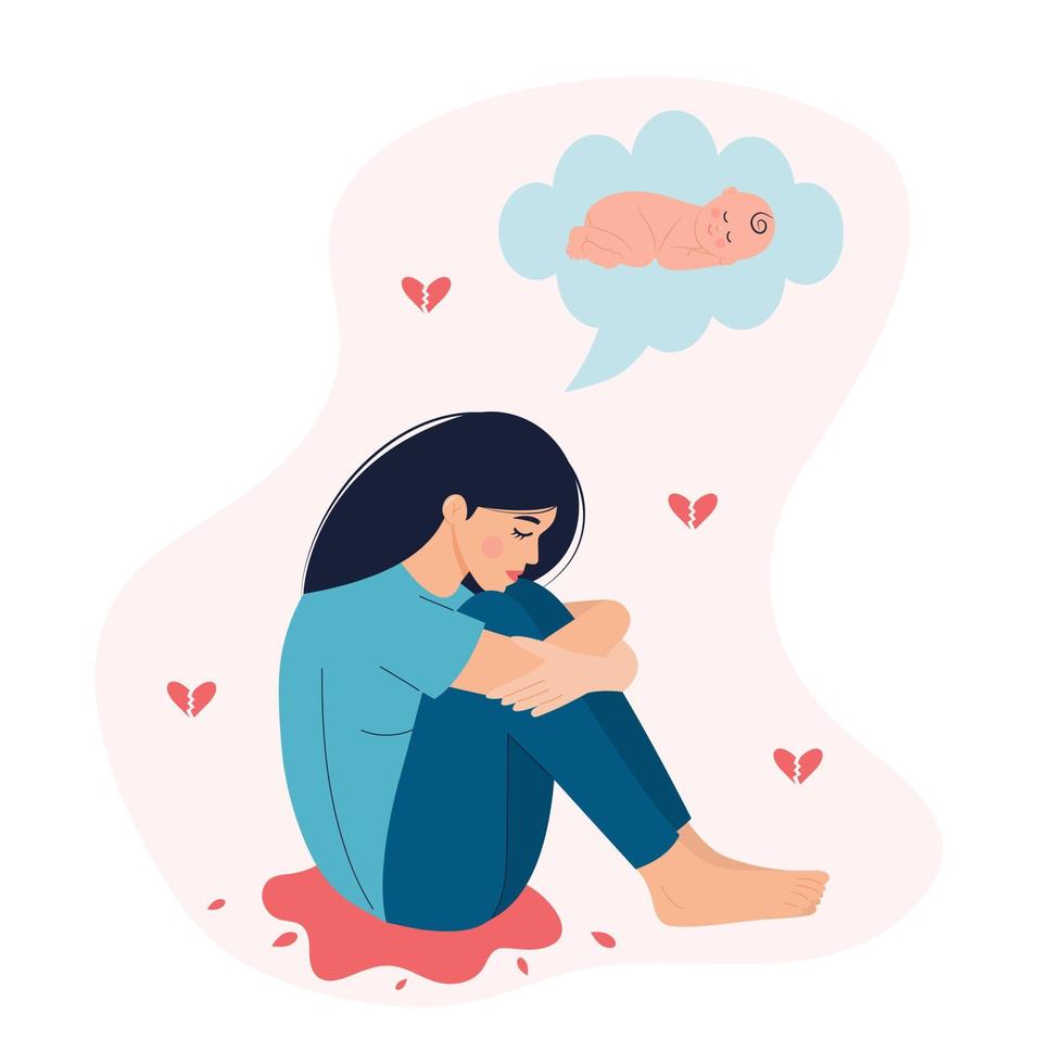 Sad woman sitting in a pool of blood and hugging her knees. Woman lost her child, abortion, miscarriage, bleeding. Unborn baby in her mind. Infertility and pregnancy problems. vector