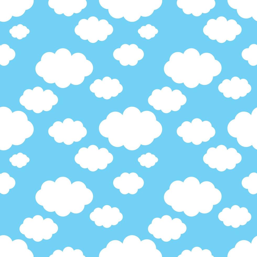 Seamless blue sky with white fluffy clouds.Texture or repeat pattern for wrapping paper or decoration.Wallpaper or banner.Cute background.Kids fabric.Flat design.Cartoon vector illustration.
