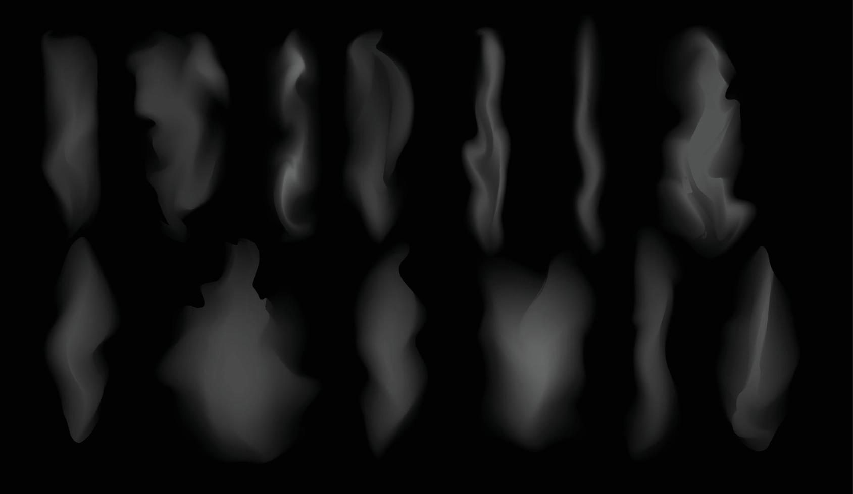Set of smoke isolated on black background.Smoke from cigarettes or food and steam.Realistic vector illustration.Sign, symbol, icon or logo isolated.Banner design.Dark and light.Smoking element.