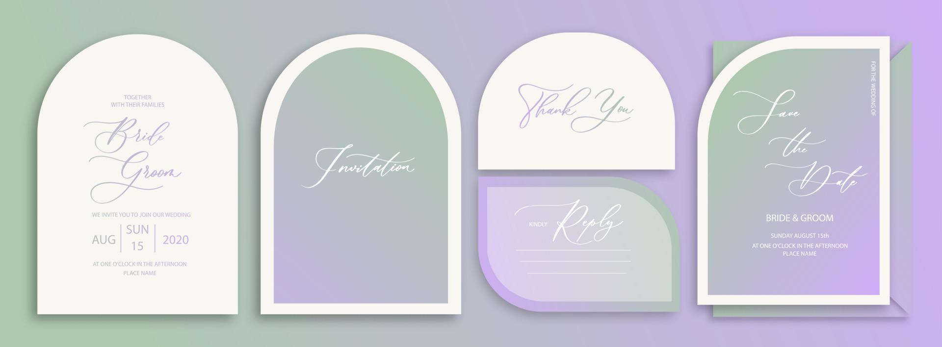 fondo de tarjeta de invitación de boda de arco de lujo en delicados tonos lila y verde. diseño de vector de fondo de arte abstracto para boda y plantilla de portada vip.