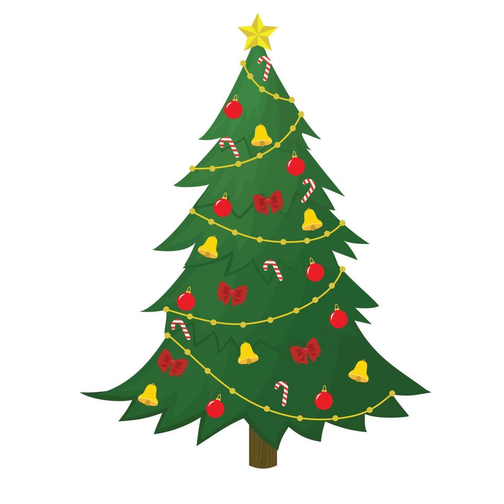 Christmas tree with decoration isolated on white background. Vector illustration.