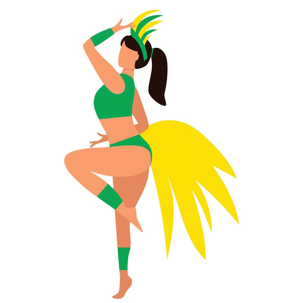 Carnival girl dancing in bikini and carnival costume in green color. Vector illustration.
