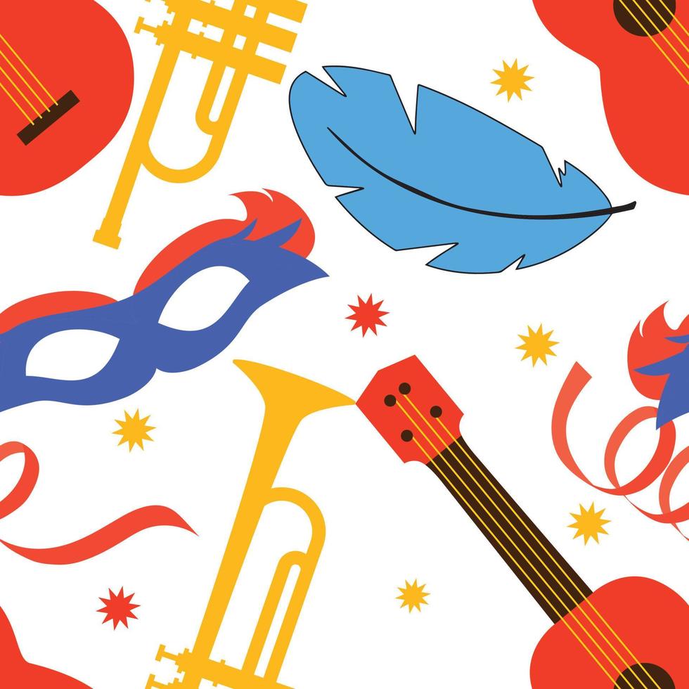 Seamless pattern carnival with mask, ukulele, musical trumpet and feather. Vector illustration.