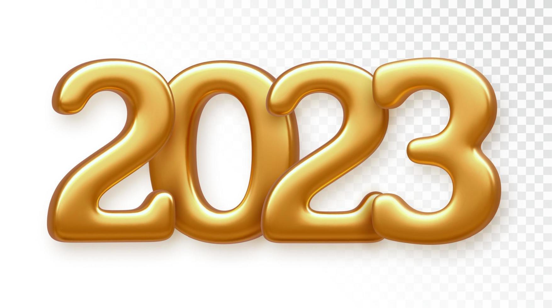 feliz año nuevo 2023. números de lujo metálicos dorados 2023. signo de renderizado 3d realista para tarjeta de felicitación. cartel festivo o diseño de banner de vacaciones. ilustración vectorial vector