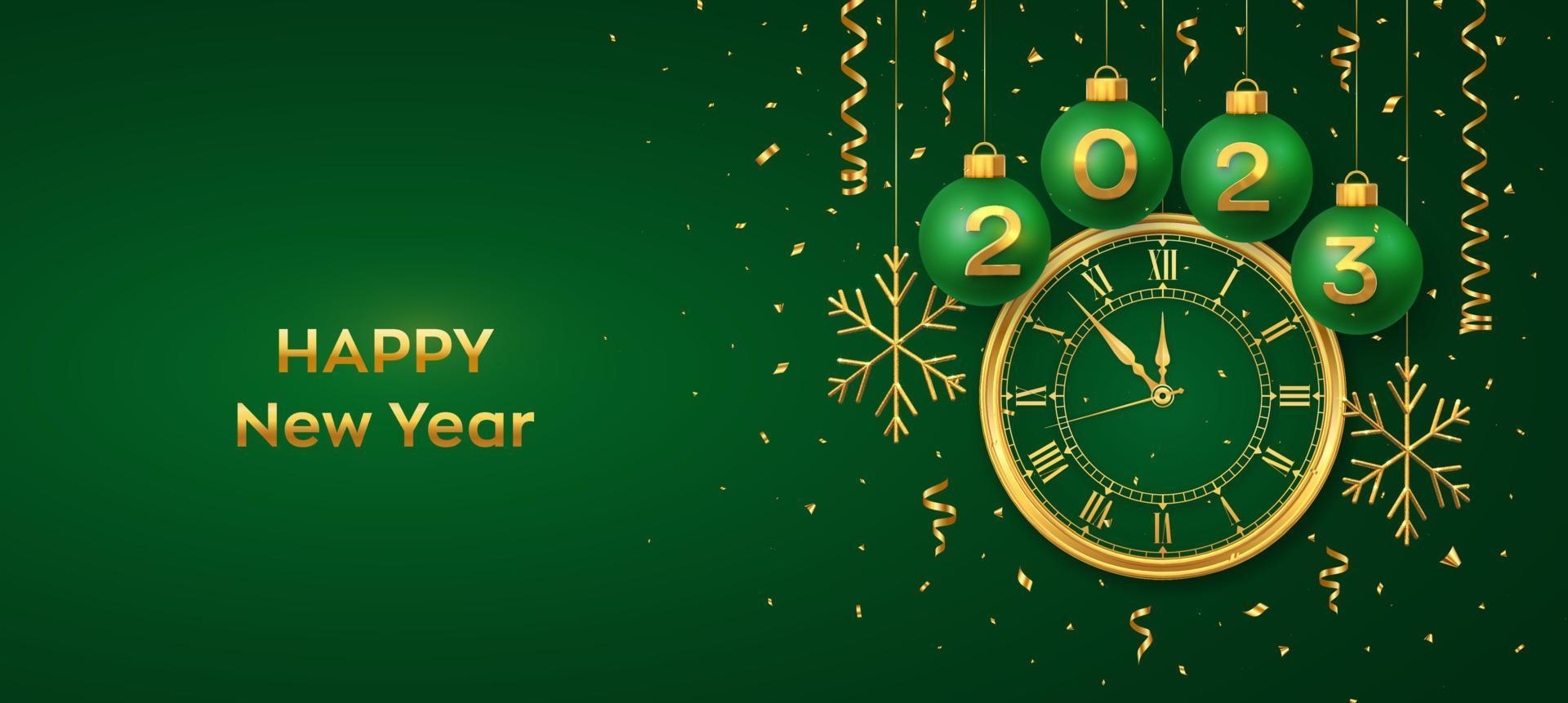 Happy New Year 2023. Hanging green Christmas bauble balls with realistic gold 3d numbers 2023 and snowflakes. Watch with Roman numeral and countdown midnight eve for New Year. Merry Christmas. Vector. vector