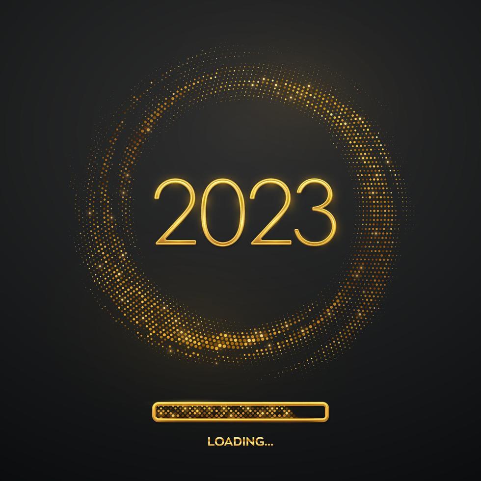 Happy New 2023 Year. Golden metallic luxury numbers 2023 with loading bar on shimmering background. Bursting backdrop with glitters. Greeting card, festive poster or banner. Vector illustration.