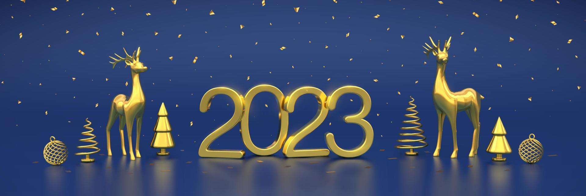 feliz año nuevo 2023. números metálicos dorados 2023 con ciervos dorados, cajas de regalo, pino o abeto metálico dorado, abetos en forma de cono, bolas brillantes y confeti sobre fondo azul. ilustración vectorial vector