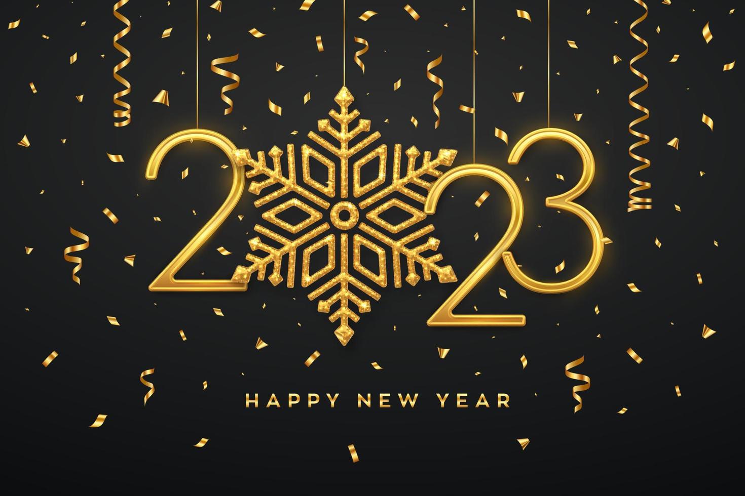 feliz año nuevo 2023. colgando números metálicos dorados 2023 con copos de nieve brillantes y confeti sobre fondo negro. tarjeta de felicitación de año nuevo o plantilla de banner. decoración navideña. ilustración vectorial vector