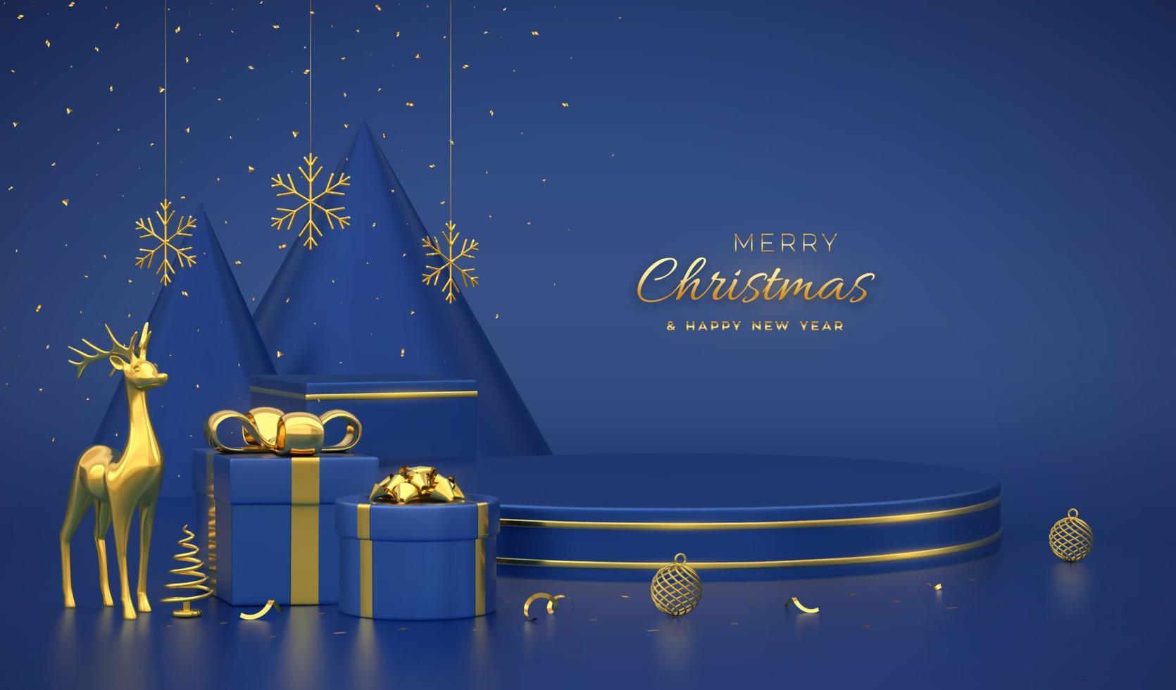 Christmas Scene and 3D platforms with gold circle on blue background. Blank Pedestal with deer, snowflakes, balls, gift boxes, golden metallic cone shape pine, spruce trees. Vector illustration.