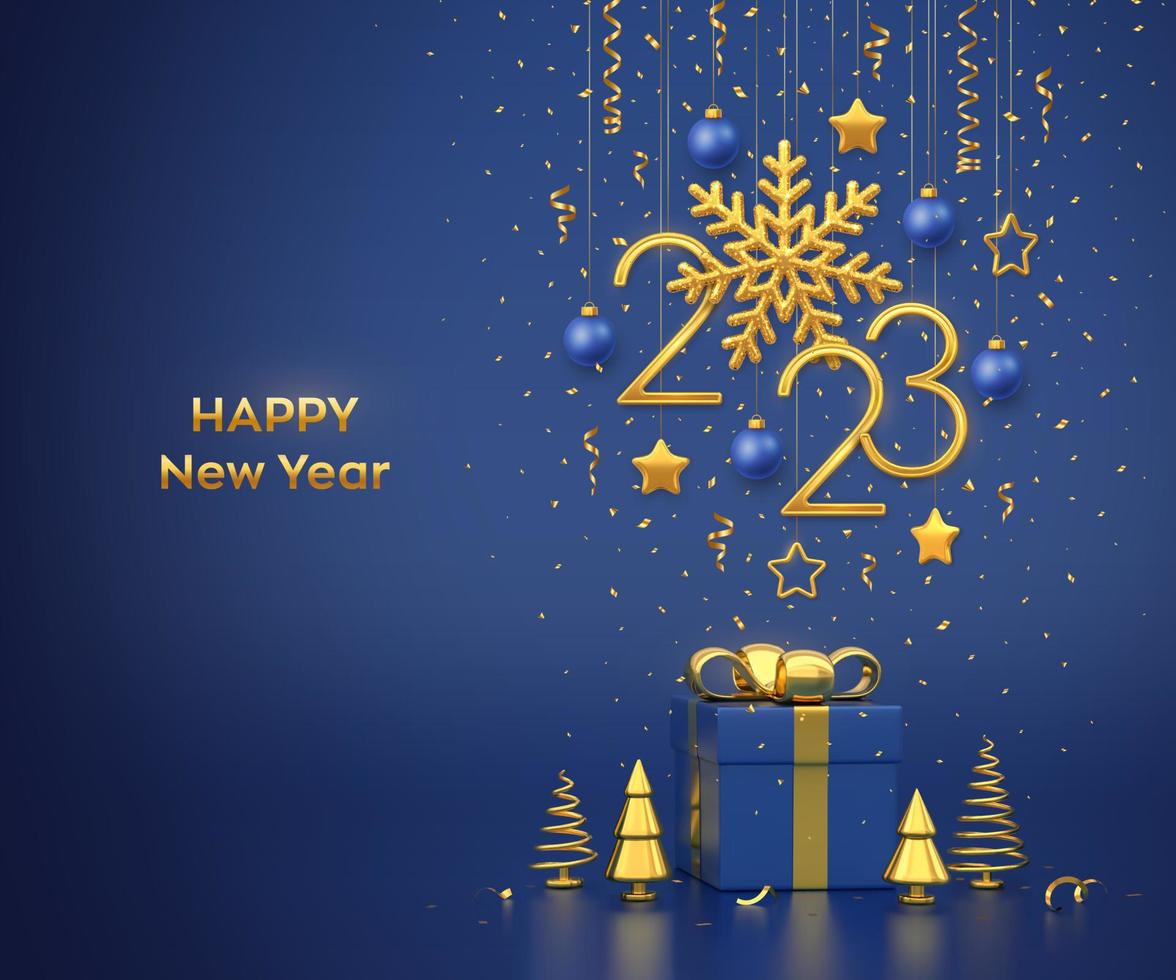 feliz año nuevo 2023. colgando números metálicos dorados 2023 con copos de nieve, estrellas y bolas sobre fondo azul. caja de regalo y pino o abeto metálico dorado, abetos en forma de cono. ilustración vectorial vector