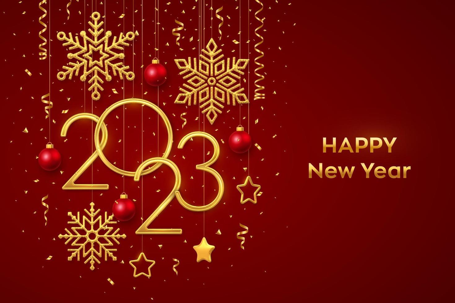 Happy New 2023 Year. Hanging Golden metallic numbers 2023 with shining snowflakes, 3D metallic stars, balls and confetti on red background. New Year greeting card or banner template. Vector. vector
