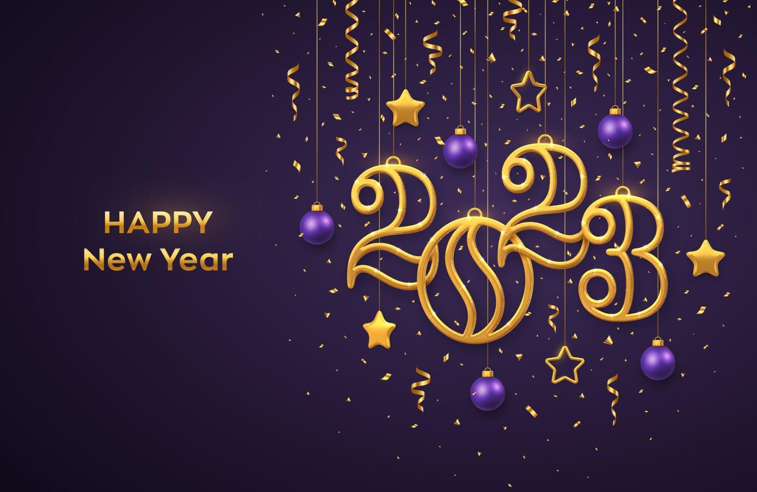 Happy New 2023 Year. Hanging Golden metallic numbers 2023 with shining 3D metallic stars, balls and confetti on purple background. New Year greeting card banner template. Realistic Vector illustration