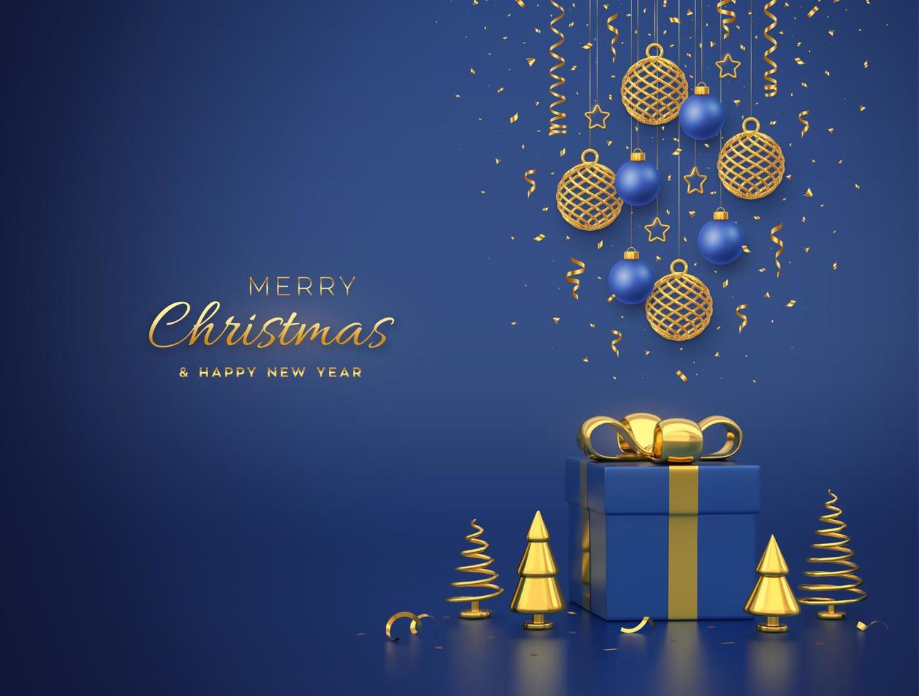 Merry christmas card, banner with hanging shining gold and blue balls, golden stars, confetti on blue background. Gift box and golden metallic pine or fir cone shape spruce trees. Vector illustration.