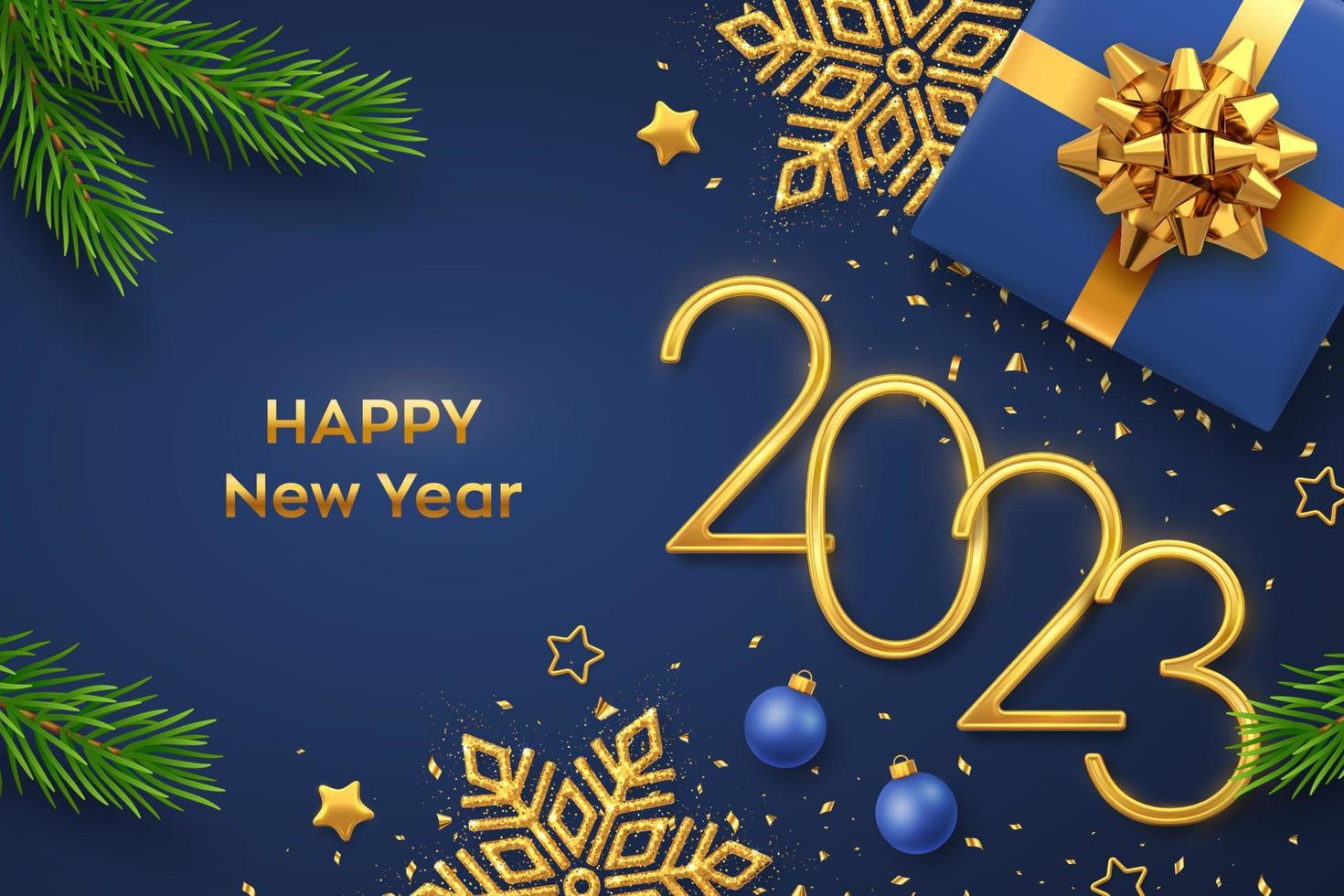 Happy New 2023 Year. Golden metallic numbers 2023 with gift box, shining snowflake, pine branches, stars, balls and confetti on blue background. New Year greeting card or banner template. Vector. vector