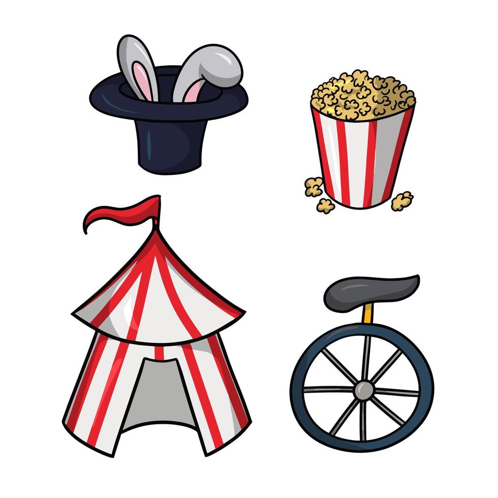 A set of color illustrations on the theme of the circus, the circus came to town, circus tent, vector cartoon style