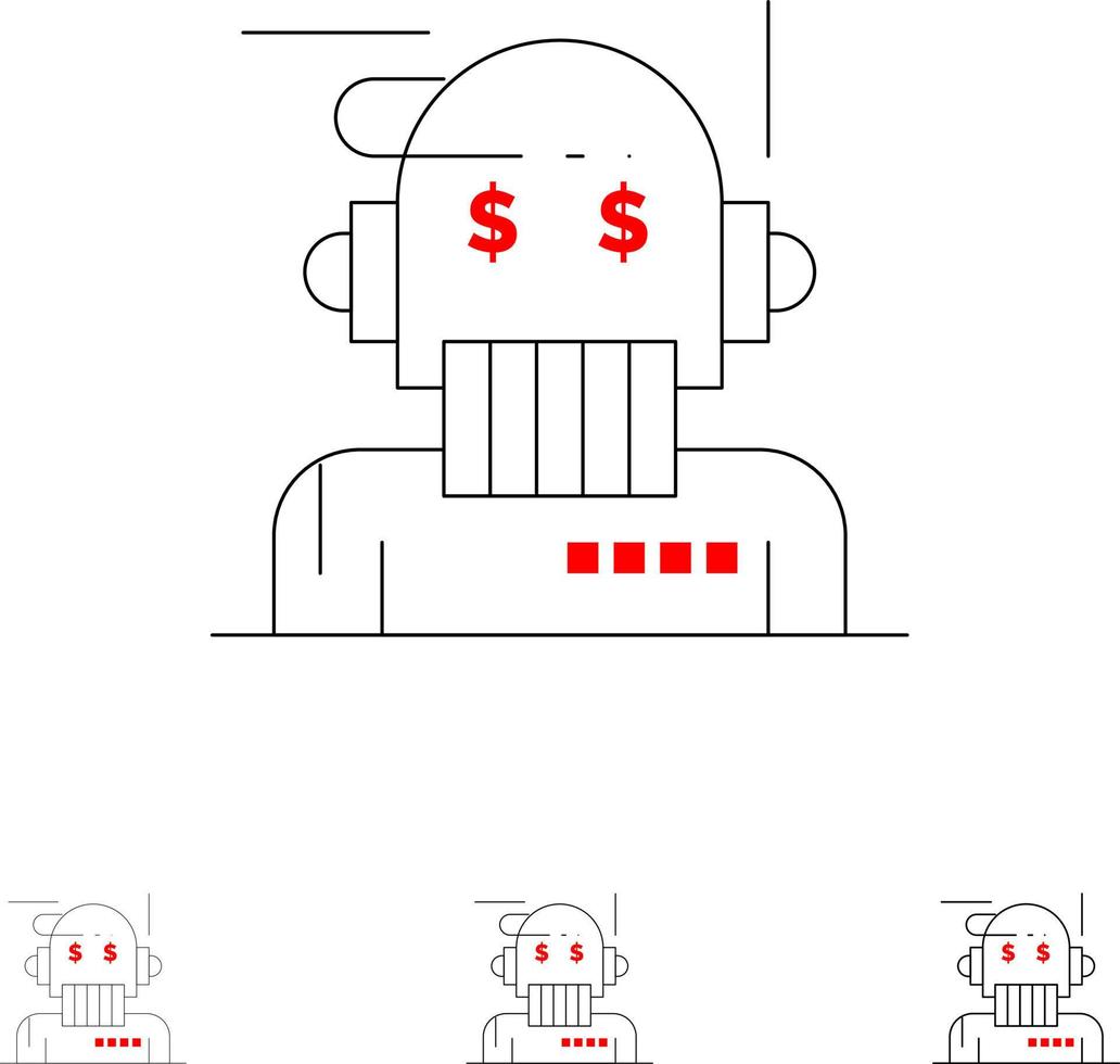 robot asesor asesor asesor algoritmo analista negrita y delgada línea negra conjunto de iconos vector