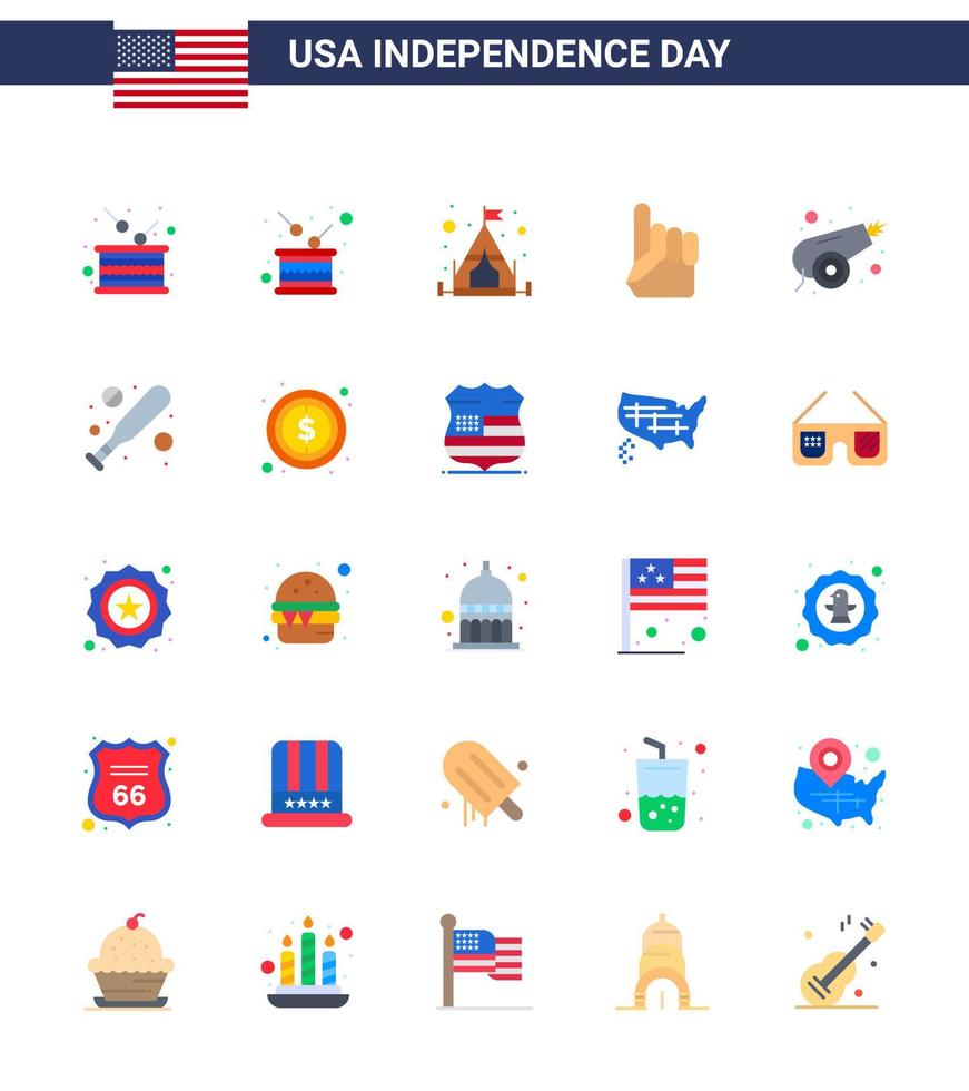 USA Happy Independence DayPictogram Set of 25 Simple Flats of bat weapon foam hand war army Editable USA Day Vector Design Elements