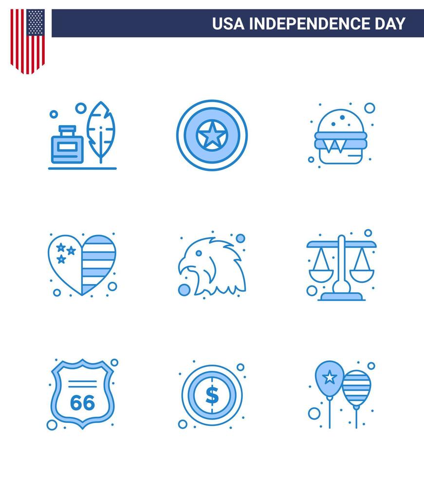 Set of 9 Vector Blues on 4th July USA Independence Day such as bird usa burger flag heart Editable USA Day Vector Design Elements