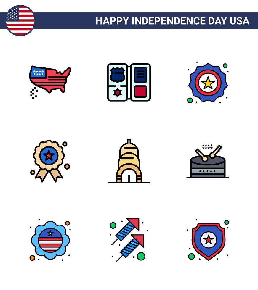 Set of 9 Modern Flat Filled Lines pack on USA Independence Day building medal american independence day holiday Editable USA Day Vector Design Elements