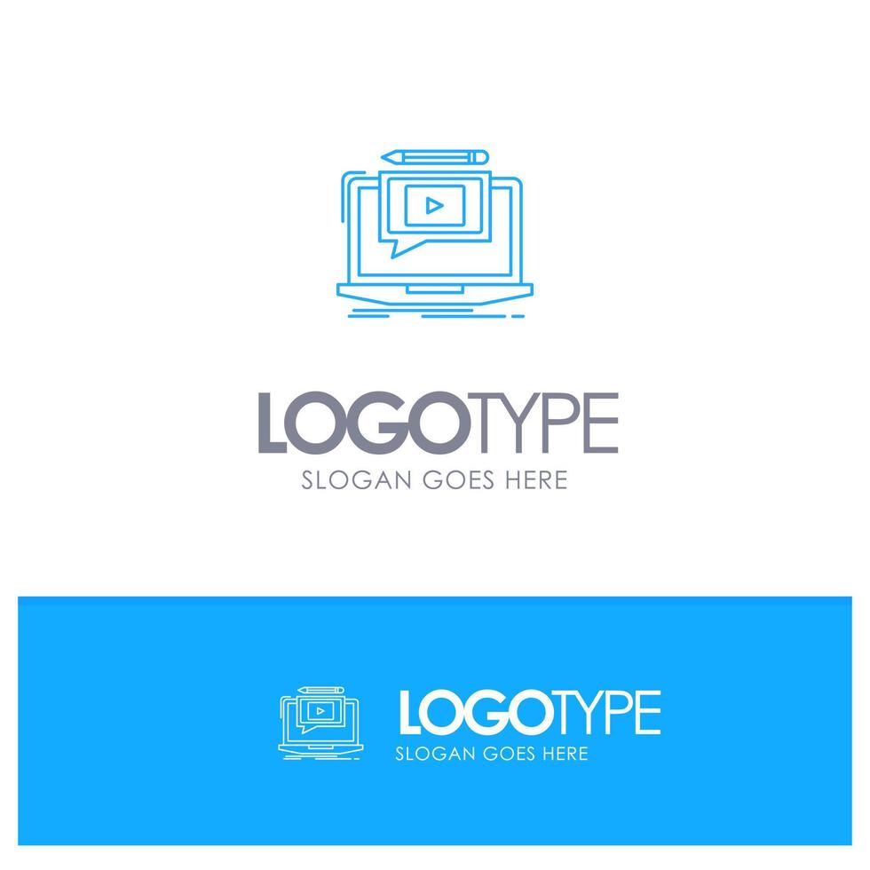 Laptop Player Screen Tutorial Video Blue outLine Logo with place for tagline vector