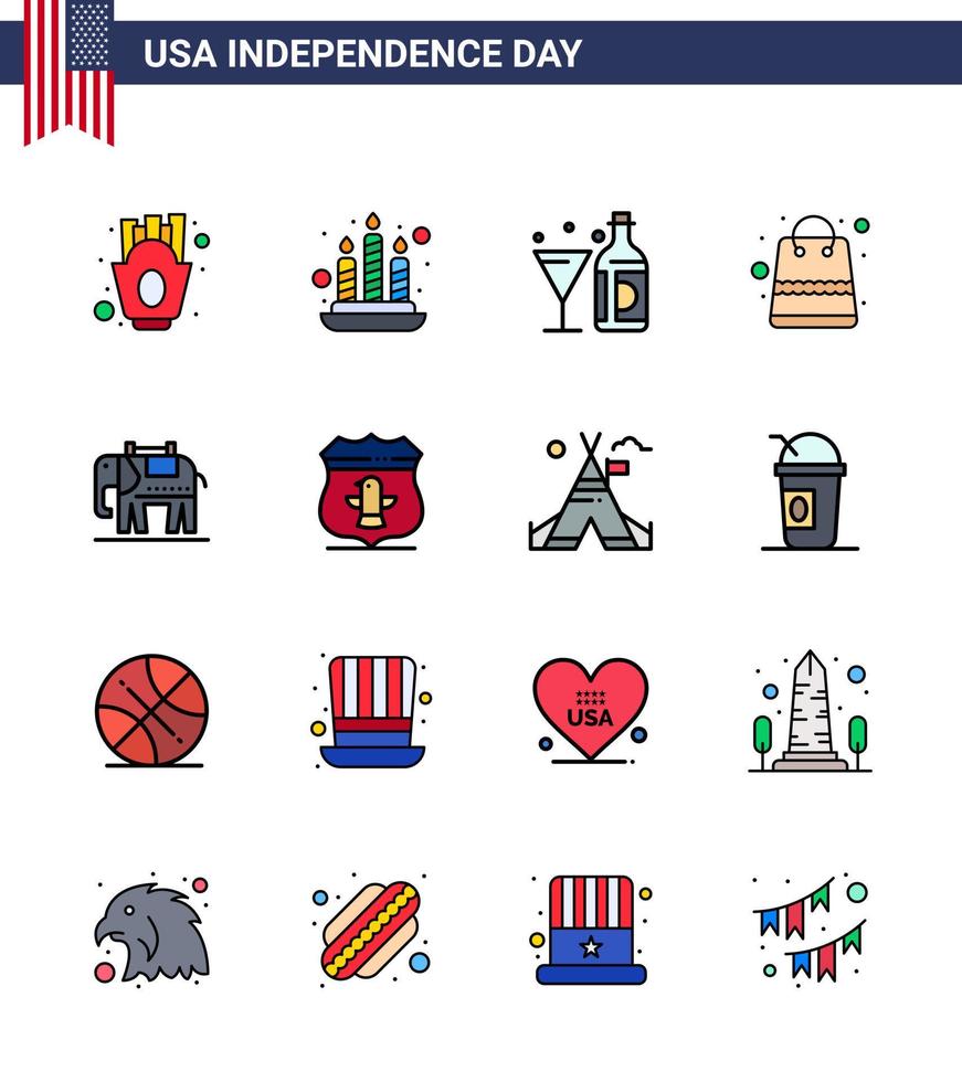 USA Independence Day Flat Filled Line Set of 16 USA Pictograms of american shop wine packages bag Editable USA Day Vector Design Elements