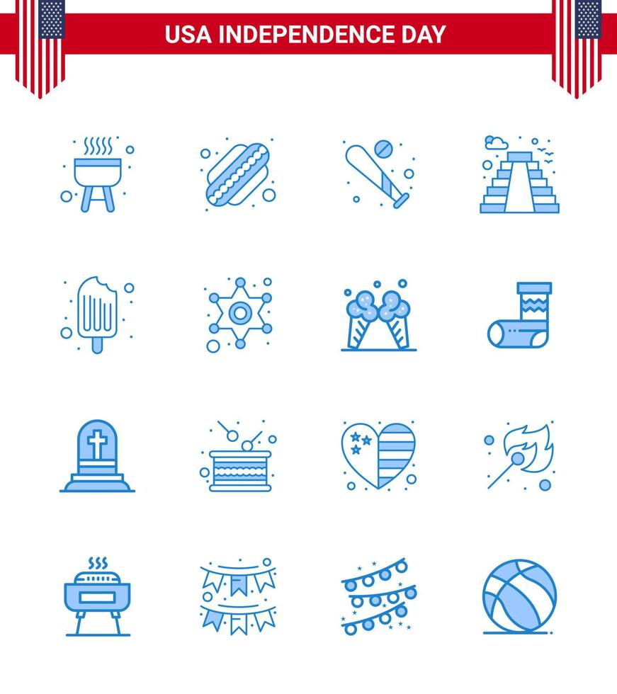 Pack of 16 USA Independence Day Celebration Blues Signs and 4th July Symbols such as food cold bat usa building Editable USA Day Vector Design Elements