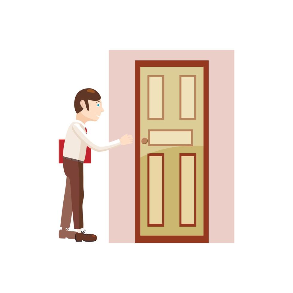 hombre con una carpeta en el icono de la puerta, estilo de dibujos animados vector