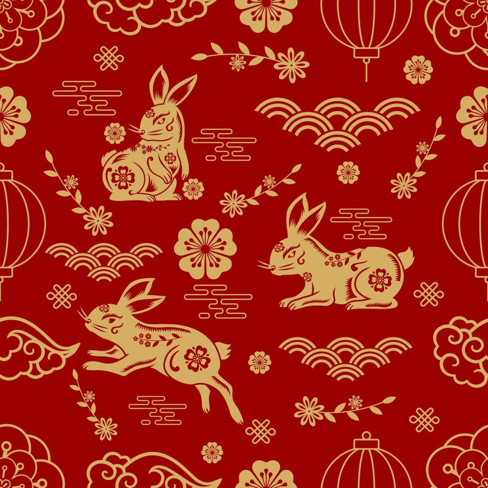Deep Red Chinese New Year Rabbit Seamless Pattern vector