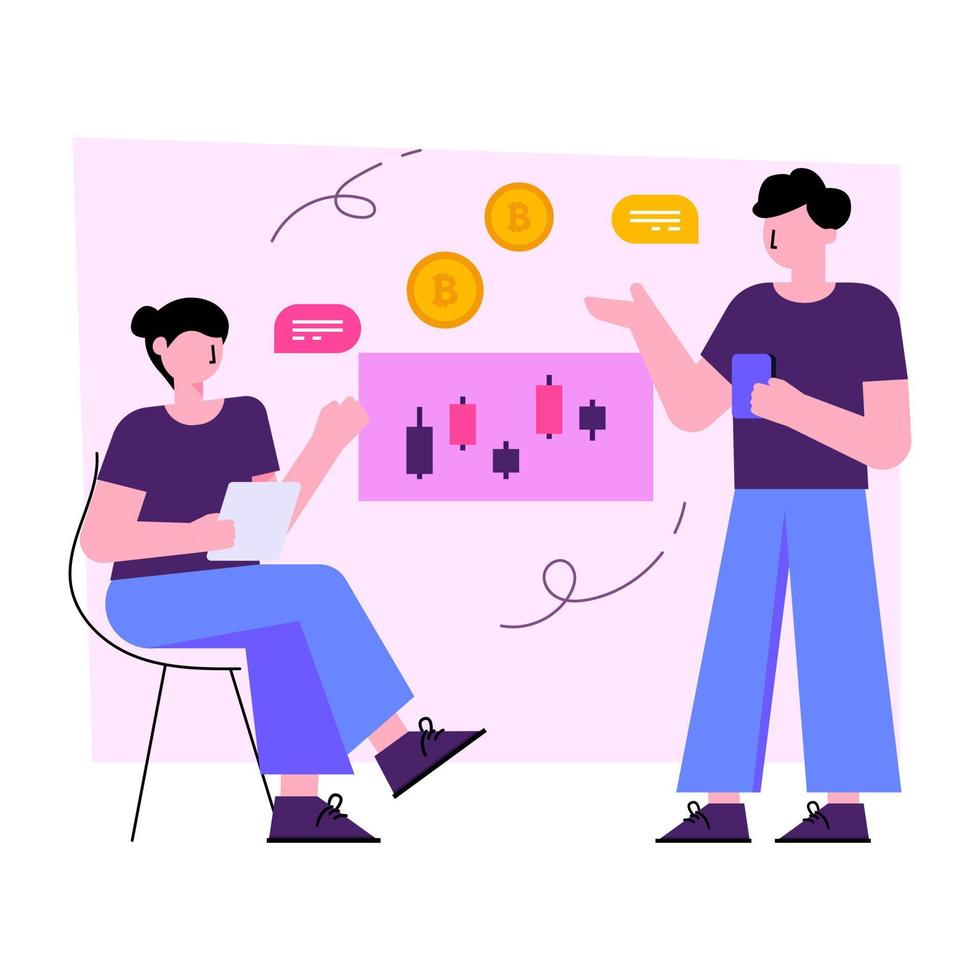 Conceptual flat design illustration of bitcoin discussion vector