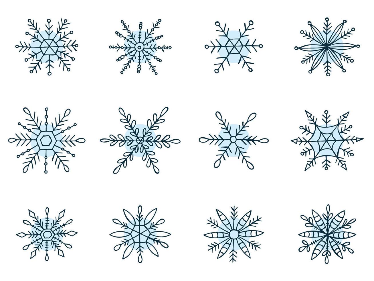 A set of hand-drawn snowflakes. Vector illustration in doodle style. Winter mood. Hello 2023. Merry Christmas and Happy New Year. Blue elements on a white background.
