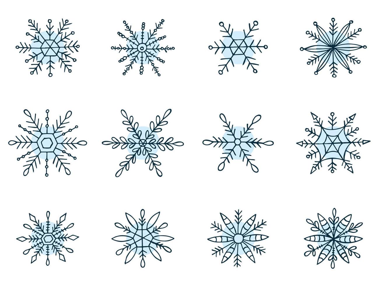 un conjunto de copos de nieve dibujados a mano. ilustración vectorial en estilo garabato. estado de ánimo de invierno. hola 2023. feliz navidad y próspero año nuevo. elementos azules sobre un fondo blanco. vector