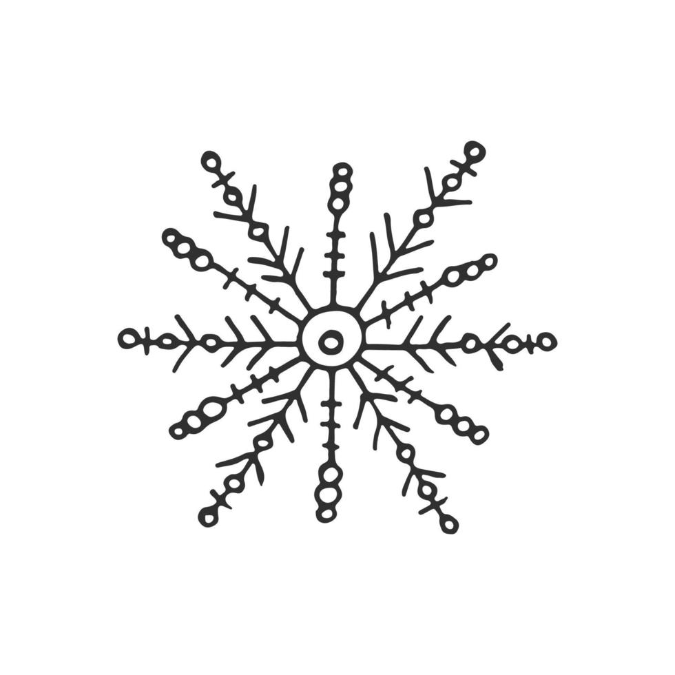 un copo de nieve dibujado a mano. ilustración vectorial en estilo garabato. estado de ánimo de invierno. hola 2023. feliz navidad y próspero año nuevo. elemento negro sobre un fondo blanco. vector