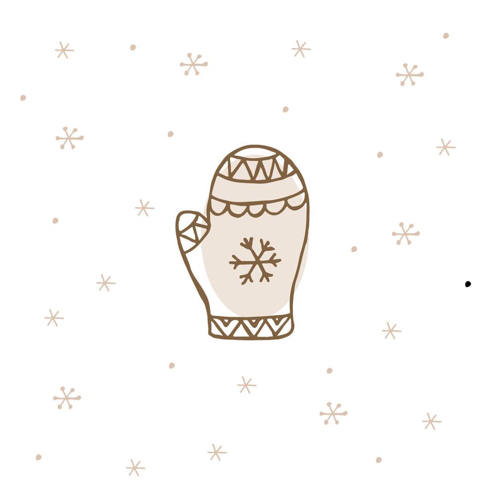 A hand-drawn winter clothing. Vector illustration in doodle style. Winter mood. Hello 2023. Merry Christmas and Happy New Year. Brown mittens with ornament on a white background with snowflakes.