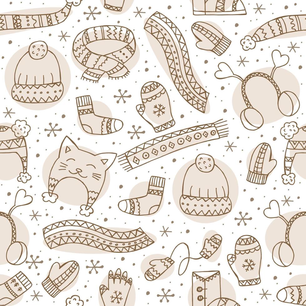 Hand-drawn winter clothing. Seamless pattern. Endless ornament. Vector illustration in doodle style. Winter mood. Hello 2023. Merry Christmas and Happy New Year. Brown elements on a white background.