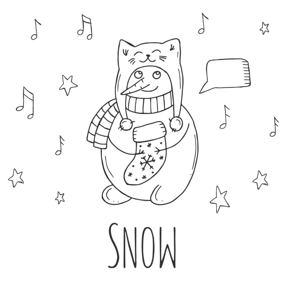 Cute snowman with stars and notes on a white background. Vector illustration in doodle style. Winter mood. Hello 2023. Merry Christmas and Happy New Year.