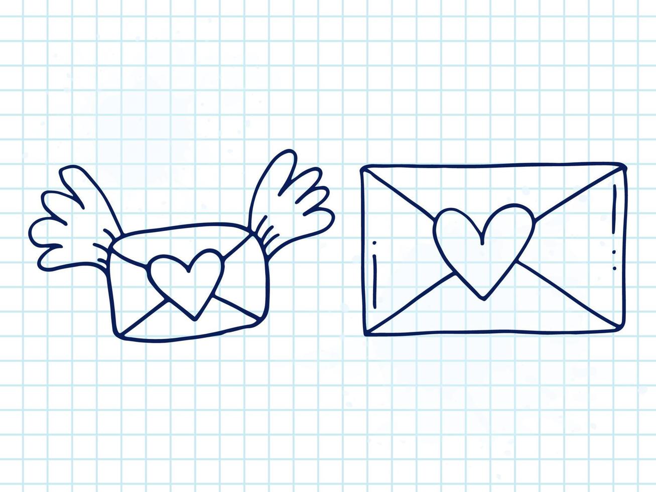 Set of cute hand-drawn doodle elements about love. Message stickers for apps. Icons for Valentines Day, romantic events and wedding. A checkered notebook. Envelopes with love letters and wings. vector