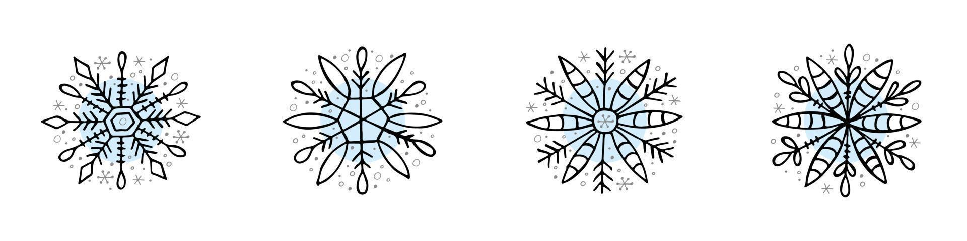 un conjunto de copos de nieve dibujados a mano. ilustración vectorial en estilo garabato. estado de ánimo de invierno. hola 2023. feliz navidad y próspero año nuevo. elementos negros y azules claros sobre un fondo blanco. vector