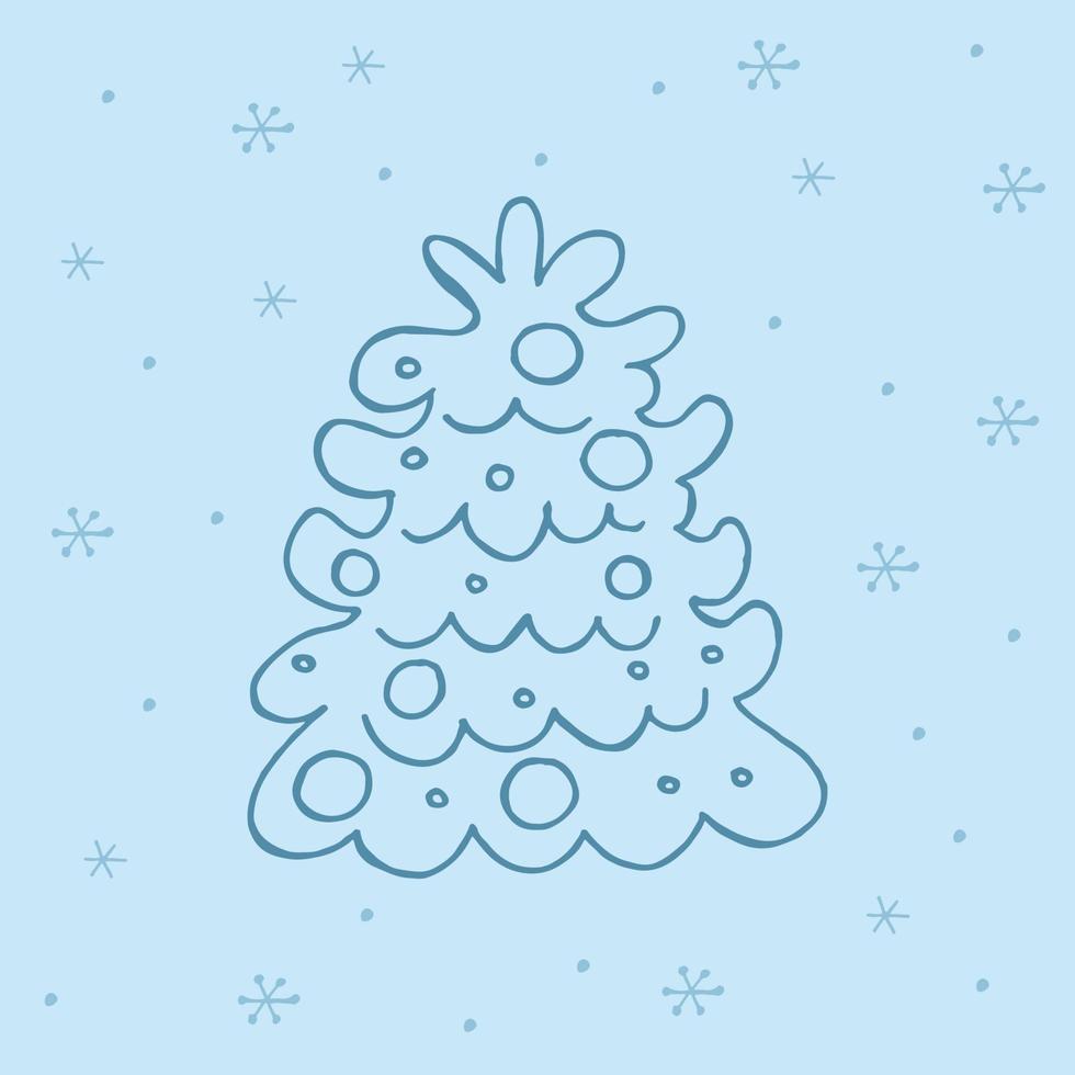 un árbol de navidad dibujado a mano. ilustración vectorial en estilo garabato. estado de ánimo de invierno. hola 2023. feliz navidad y próspero año nuevo. elemento azul oscuro con copos de nieve sobre un fondo azul. vector