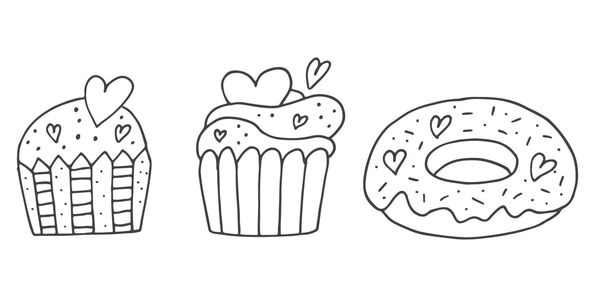 Set of cute hand-drawn doodle elements about love. Message stickers for apps. Icons for Valentines Day, romantic events and wedding. Cupcakes and donuts with hearts. vector