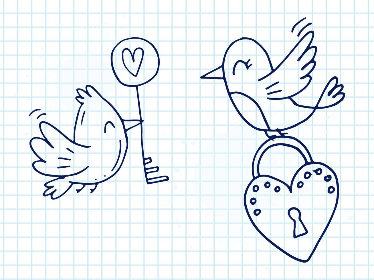 Set of cute hand-drawn doodle elements about love. Message stickers for apps. Icons for Valentines Day, romantic events and wedding. Checkered notebook. Birds with lock and key in the shape of heart. vector