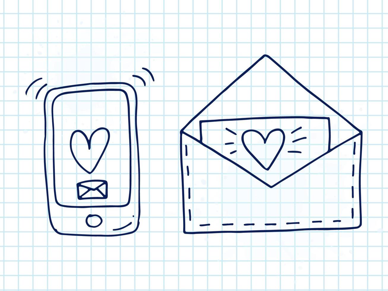 Set of cute hand-drawn doodle elements about love. Message stickers for apps. Icons for Valentines Day, romantic events and wedding. Checkered notebook. Envelopes with love letter and wings and phone. vector