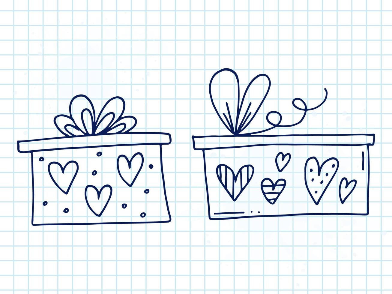 Set of cute hand-drawn doodle elements about love. Message stickers for apps. Icons for Valentines Day, romantic events and wedding. A checkered notebook. Gift boxes with ornaments, bows and hearts. vector